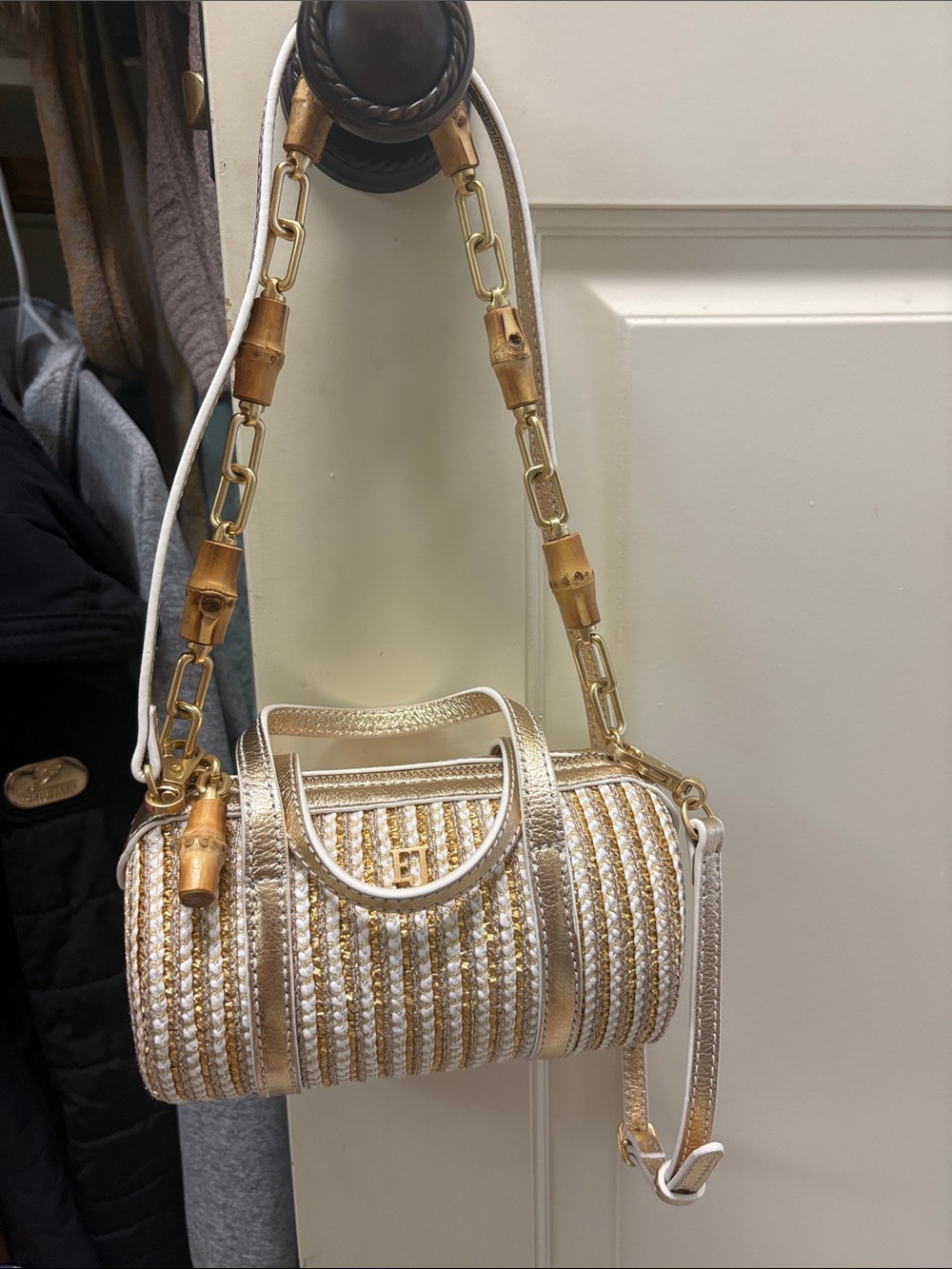Eric Javits Gold Metallic Woven Mini Barrel Bag with Bamboo-Accent Chain